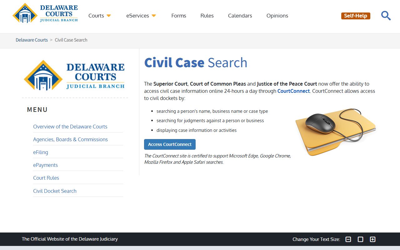 Sussex County court records - Delaware civil case search page
