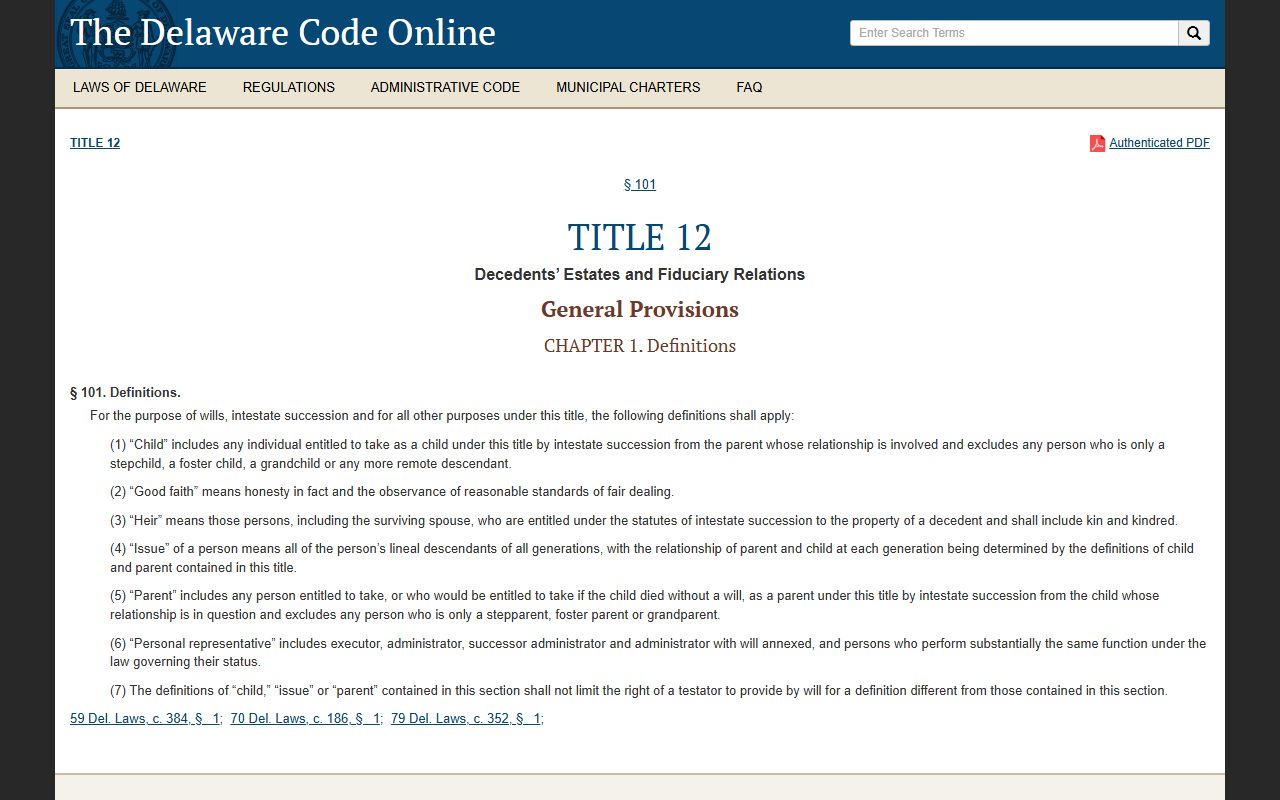 Sussex County Chancery - Delaware Code Title 12 wills statutes