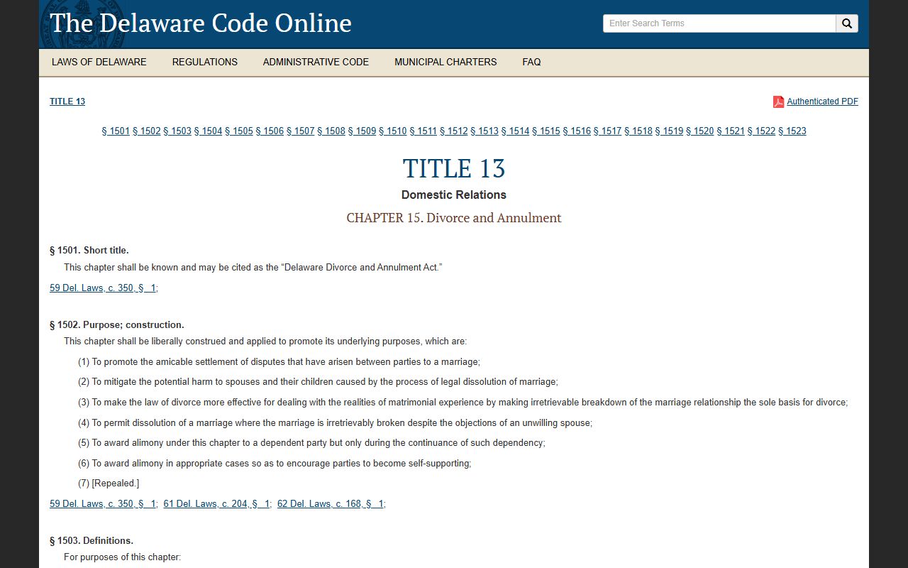 Sussex County Marriage and Divorce Records - Title 13 Chapter 15 divorce statute