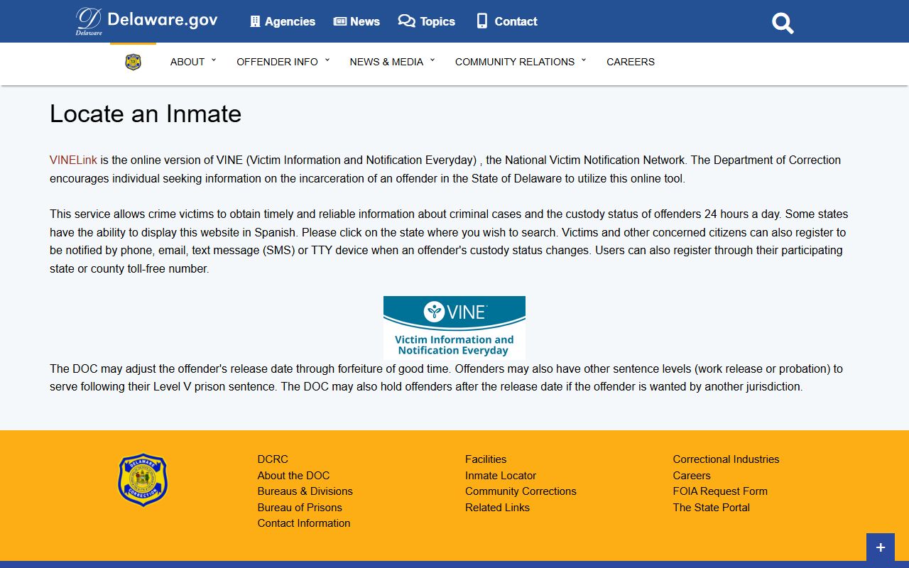 Sussex County released inmates - DOC inmate locator entry point