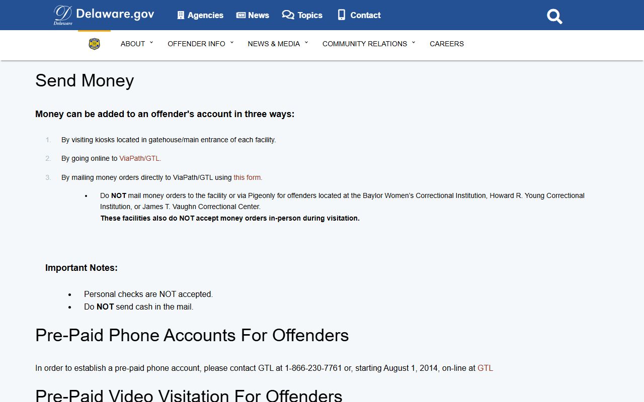 Sussex County inmate population - DOC send money page