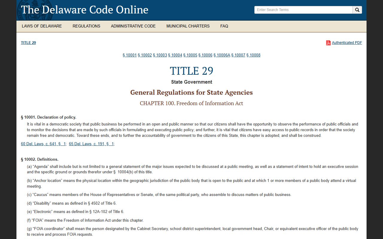 Sussex County Public Records - Delaware FOIA statute Title 29 Chapter 100