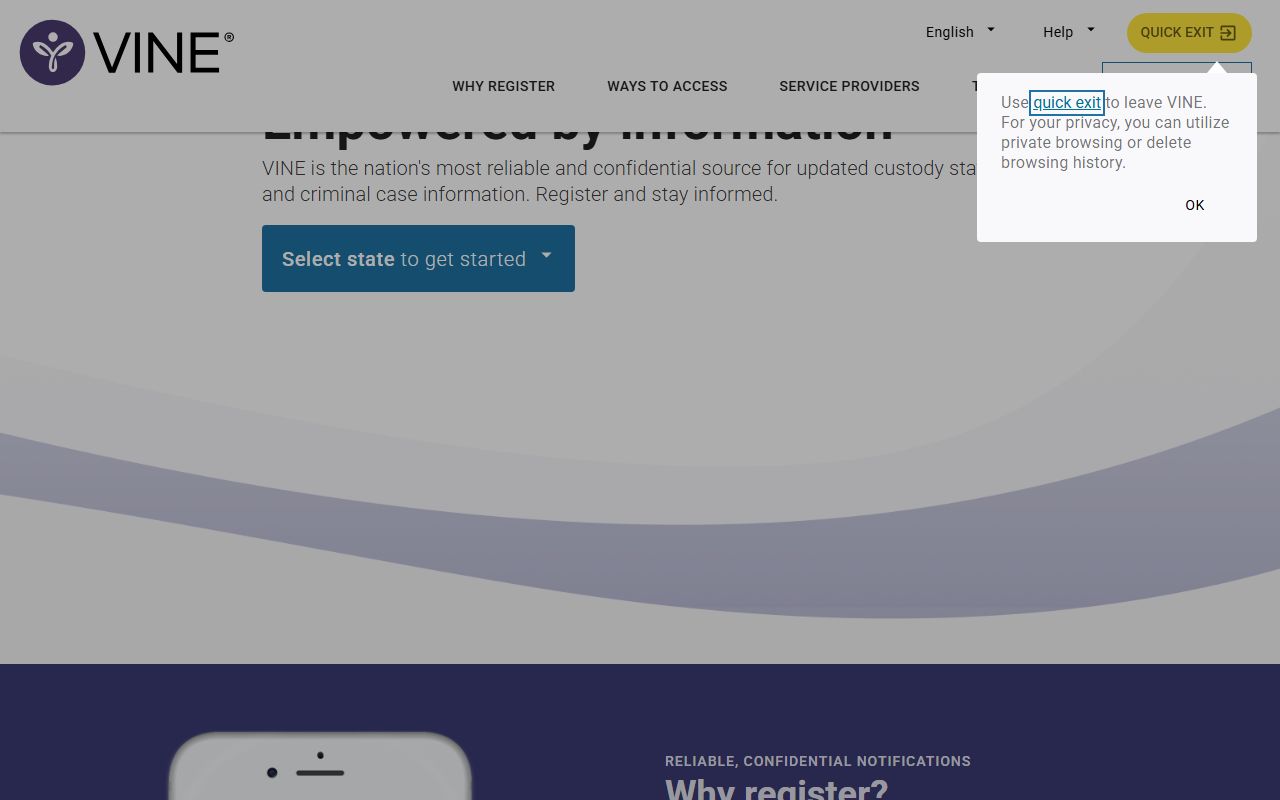 Sussex County released inmates - VINELink state selection screen