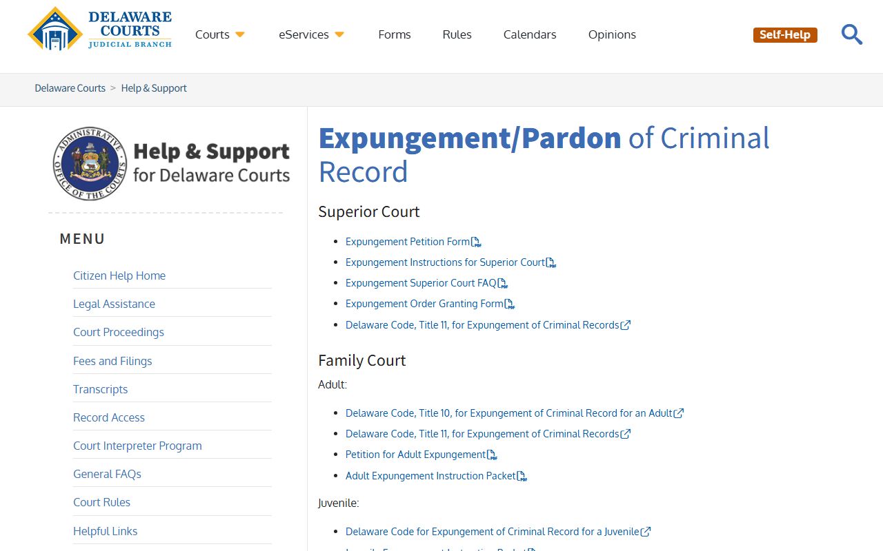 Sussex County Superior Court - Delaware expungements page